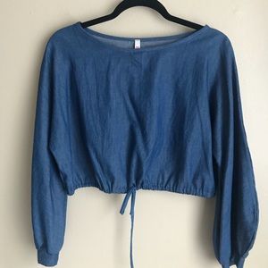 Chambray Balloon Sleeve Tie Top